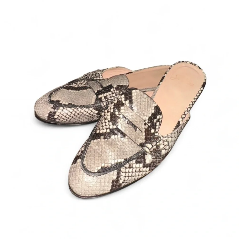J.‎ Crew W 6.5 Snakeskin Loafers Mules Leather Black Tan Silver Slip On Classic - Picture 5 of 7